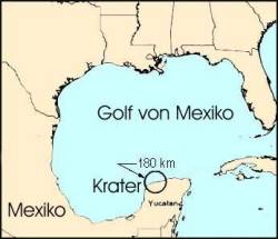 Die Halbinsel Yucatan im Golf von Mexiko. Vor 65 Millionen Jahren schlug hier ein Meteorit mit einem
                                 Durchmesser von 10 - 20 Kilometern und einer Geschwindigkeit von 90.000 km/h ein. Die Folgen waren das
                                 Aussterben von 50% der Tier- und Pflanzenarten auf der damaligen Erde und wohl auch das Aussterben der
                                 Dinosaurier.  © USGS